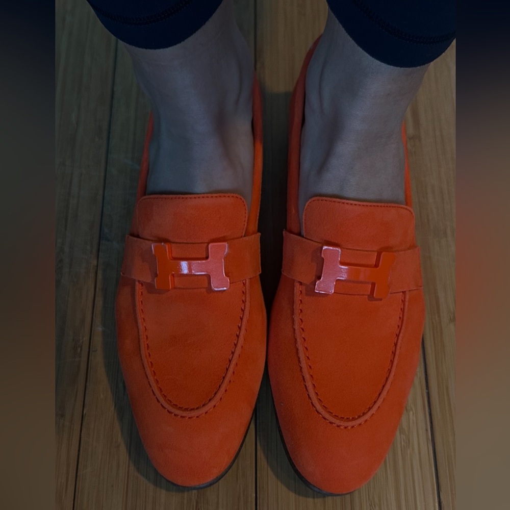 Hermes Orange Suede Moccasin Loafers - Picture 2 of 8